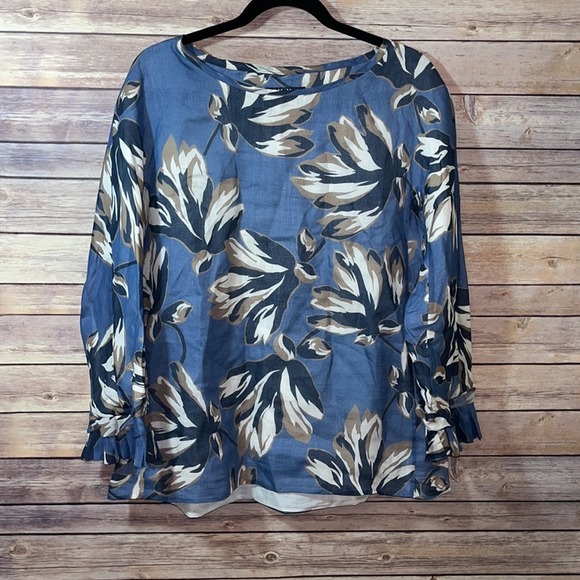 S MaxMara Blue Eleonor Ramie Floral blouse Size 12 - Picture 5 of 8
